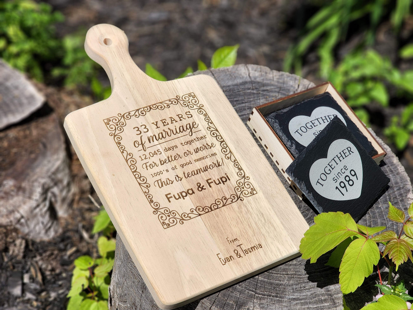 Anniversary Gift Bundle - Engraved Board & Slate Coasters