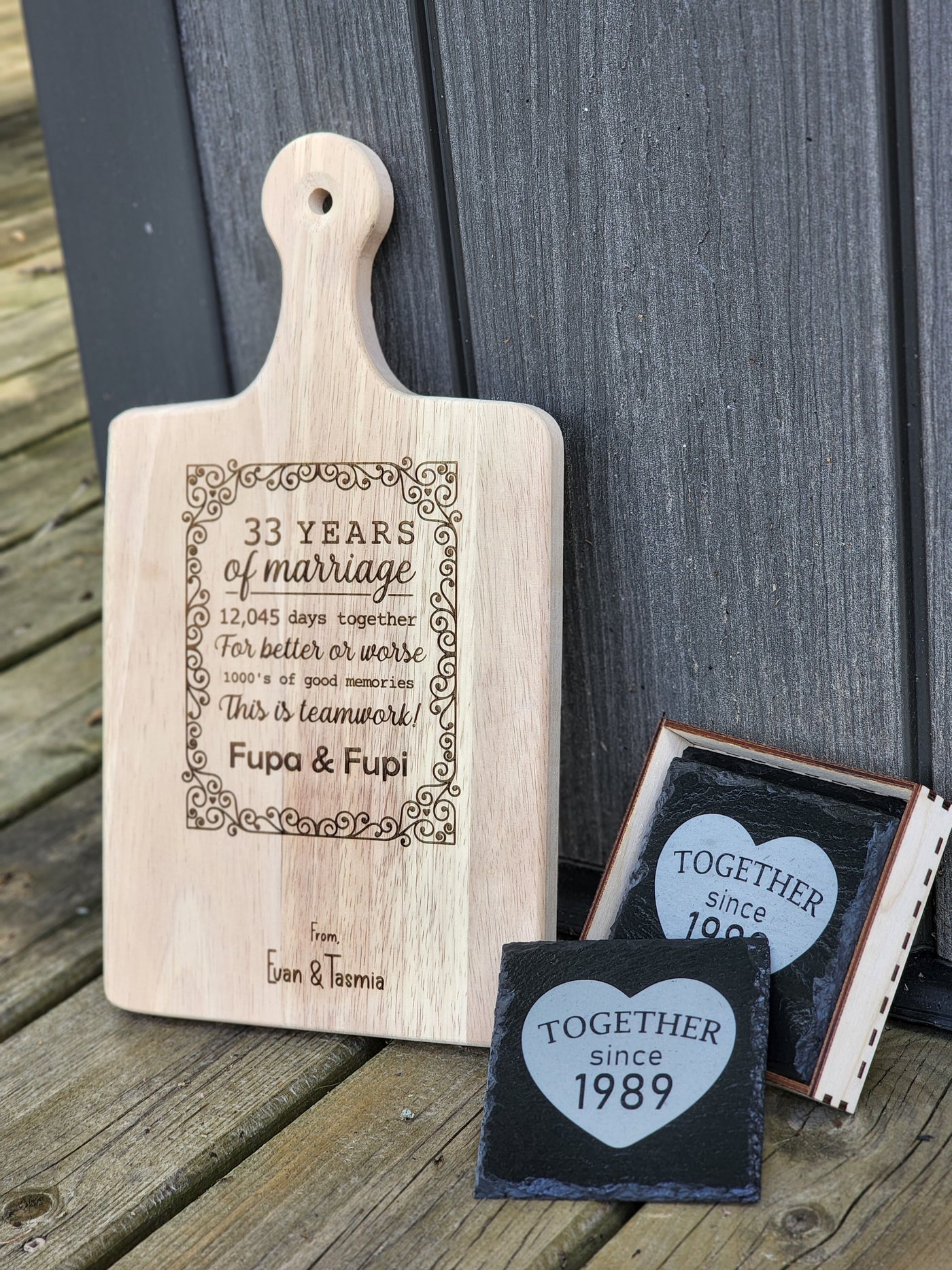 Anniversary Gift Bundle - Engraved Board & Slate Coasters