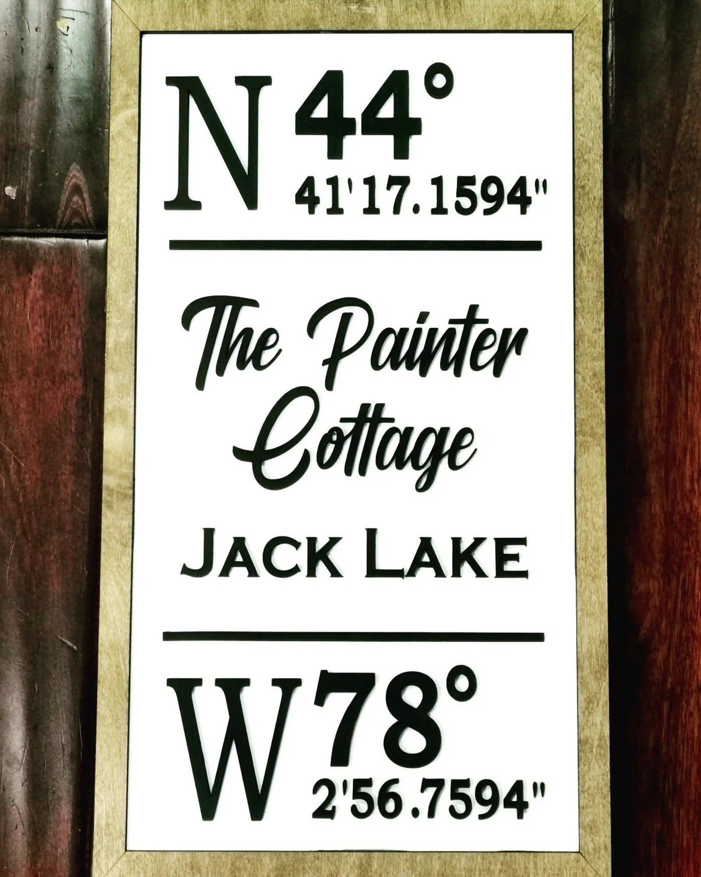 Cottage & Lake Sign with Longitude & Latitude